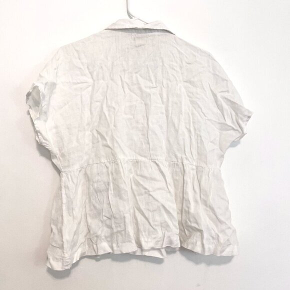 CATHERINE MALANDRINO Solid White Popover Short Sleeve 100% Linen Peplum Blouse M - Picture 10 of 12